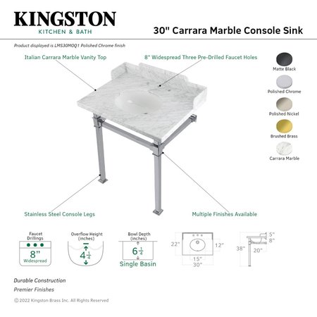 Kingston Brass 30 Carrara Marble Console Sink with Stainless Steel Legs, Marble WhitePolished Nickel LMS30MOQ6